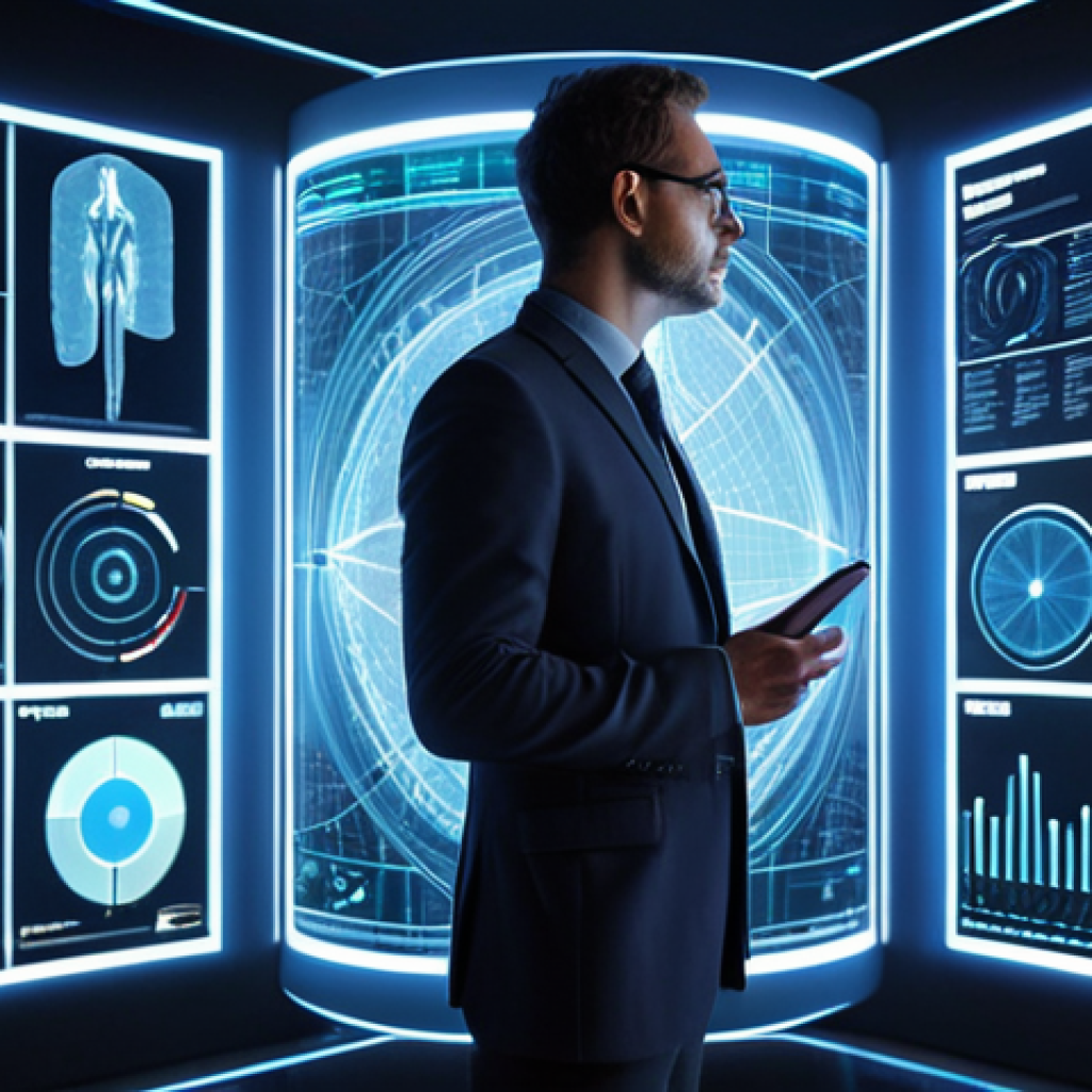 A sleek, futuristic M&A expert standing before an interactive holographic display, analyzing complex data streams and interconnected networks. The display projects glowing algorithms, user behavior patterns, and future market growth curves, illustrating the 'unseen' value of intangible assets like AI technology and proprietary data. The scene emphasizes the blend of human intuition and advanced AI analytics, moving 'beyond numbers' to reveal a company's true potential. Soft, futuristic lighting, detailed data visualization, dynamic composition, realistic.