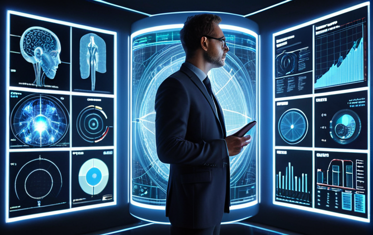 A sleek, futuristic M&A expert standing before an interactive holographic display, analyzing complex data streams and interconnected networks. The display projects glowing algorithms, user behavior patterns, and future market growth curves, illustrating the 'unseen' value of intangible assets like AI technology and proprietary data. The scene emphasizes the blend of human intuition and advanced AI analytics, moving 'beyond numbers' to reveal a company's true potential. Soft, futuristic lighting, detailed data visualization, dynamic composition, realistic.