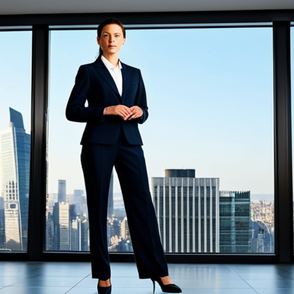 기업가치평가사 가치 평가 기법 - Business Presentation**
"A confident businesswoman in a modest, tailored pantsuit, standing on a br...