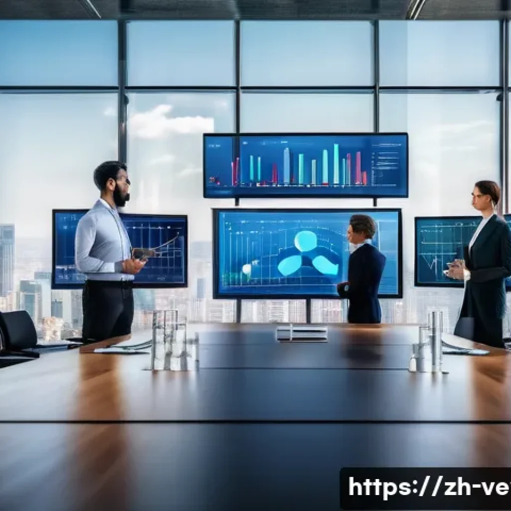 기업가치평가사 경제 동향과 기업 가치 - A modern corporate office scene showing diverse business professionals analyzing large digital scree...