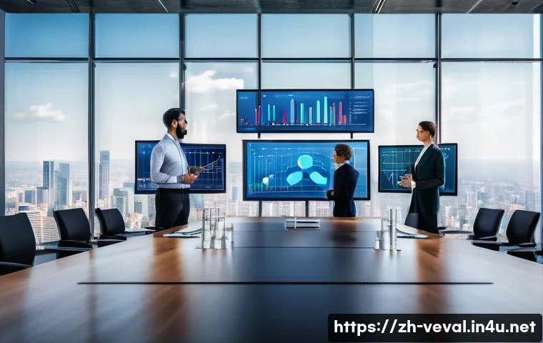 기업가치평가사 경제 동향과 기업 가치 - A modern corporate office scene showing diverse business professionals analyzing large digital scree...