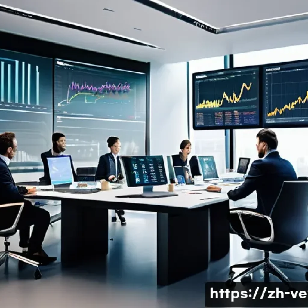 기업가치평가사 실무 사례 분석 - A modern corporate office scene showing a diverse team of financial analysts gathered around a large...