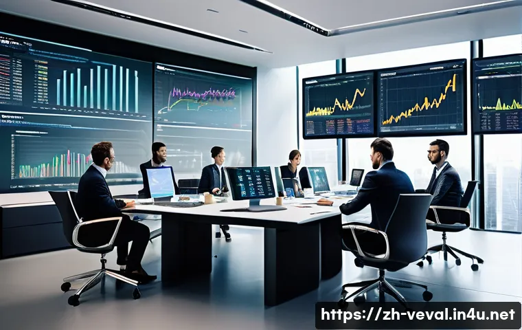 기업가치평가사 실무 사례 분석 - A modern corporate office scene showing a diverse team of financial analysts gathered around a large...
