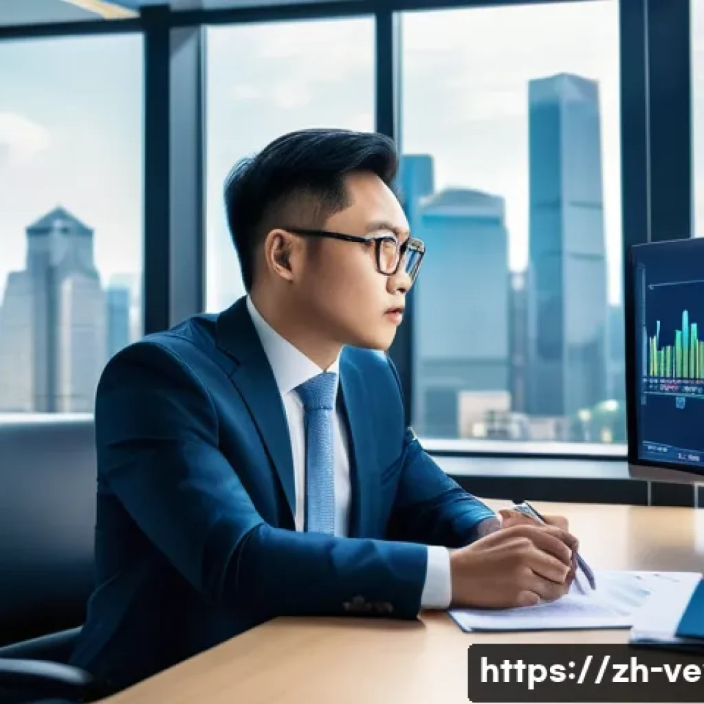 기업가치평가사 기업 재무제표 분석 - A modern office scene showing a professional Chinese financial analyst, dressed in business attire w...