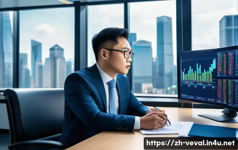 기업가치평가사 기업 재무제표 분석 - A modern office scene showing a professional Chinese financial analyst, dressed in business attire w...