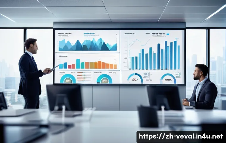 기업가치평가사 평가 방법론 - A modern corporate office scene featuring a diverse group of professionals analyzing detailed financ...