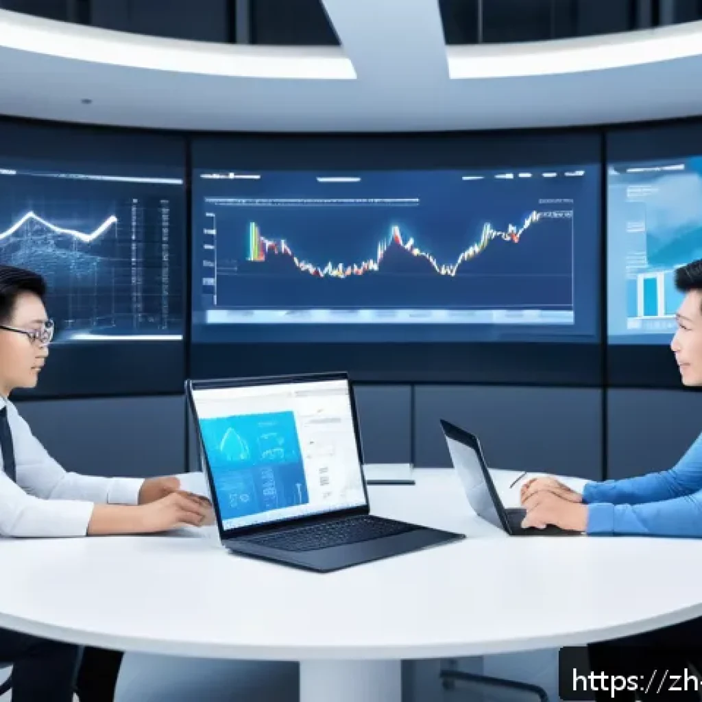 기업가치평가사 업무 효율성 향상 - A modern office scene showing a diverse team of professionals collaborating on a cloud-based platfor...