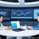 기업가치평가사 업무 효율성 향상 - A modern office scene showing a diverse team of professionals collaborating on a cloud-based platfor...