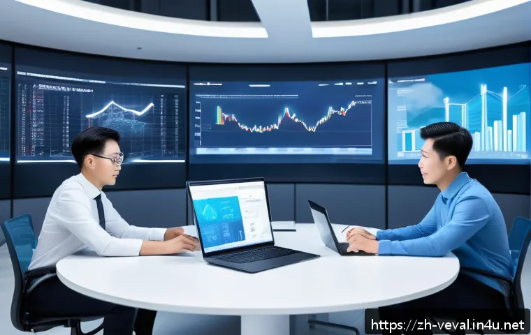 기업가치평가사 업무 효율성 향상 - A modern office scene showing a diverse team of professionals collaborating on a cloud-based platfor...