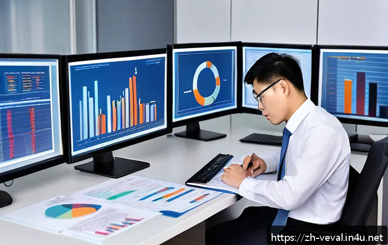 기업가치평가사 취업 후기 - A professional corporate valuation analyst in a modern office environment, meticulously reviewing fi...