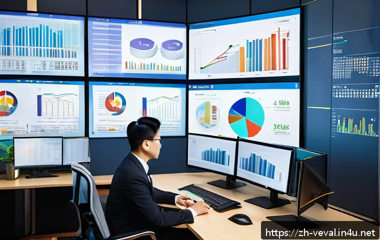 기업가치평가사 직무 관련 자격증 - A modern office scene showing a professional financial analyst in business attire working intensely ...