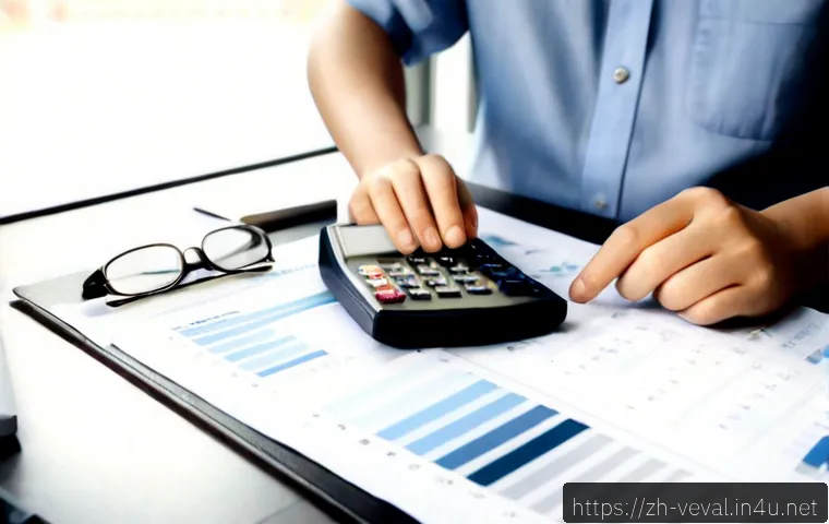 기업가치평가사 이론 정리 - Photorealistic business valuation study scene, professional analyst’s hands arranging a calculator, ...